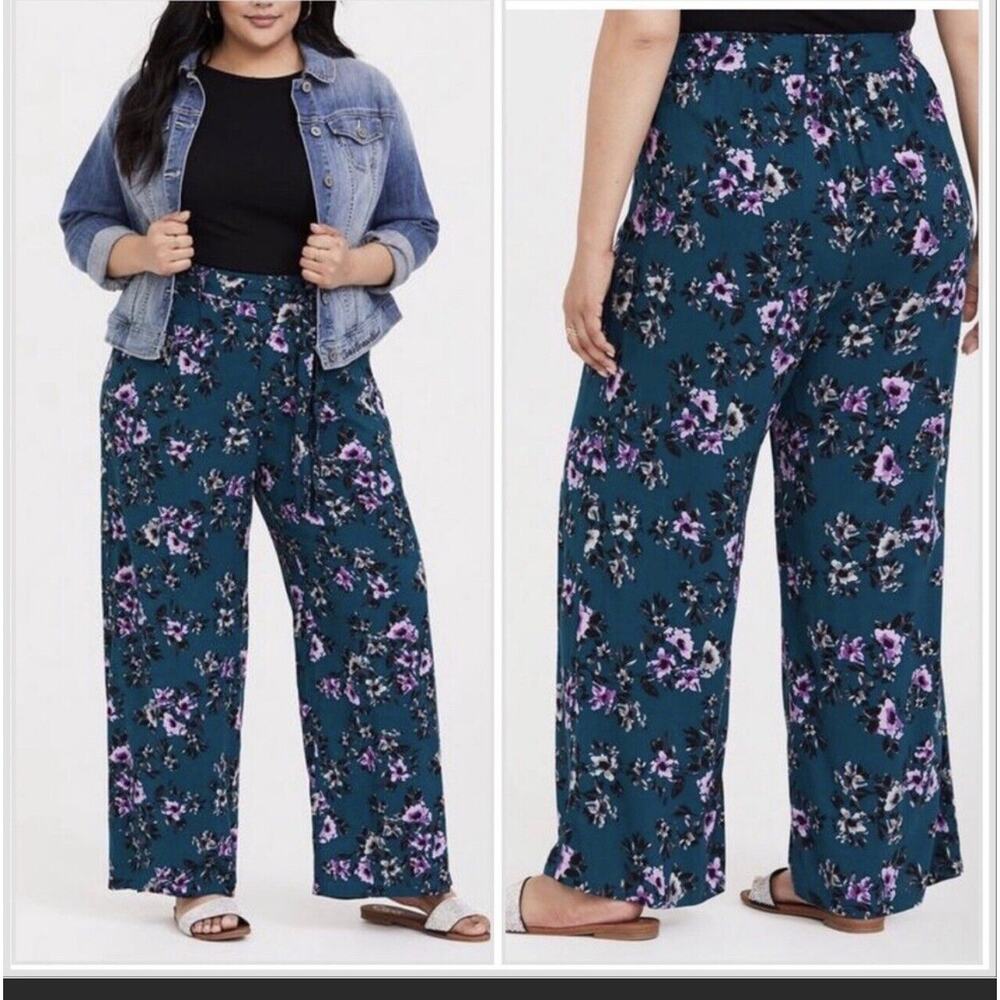 TORRID Teal Floral Challis Wide Leg Pant Size 4X 46”Waist 31” Inseam